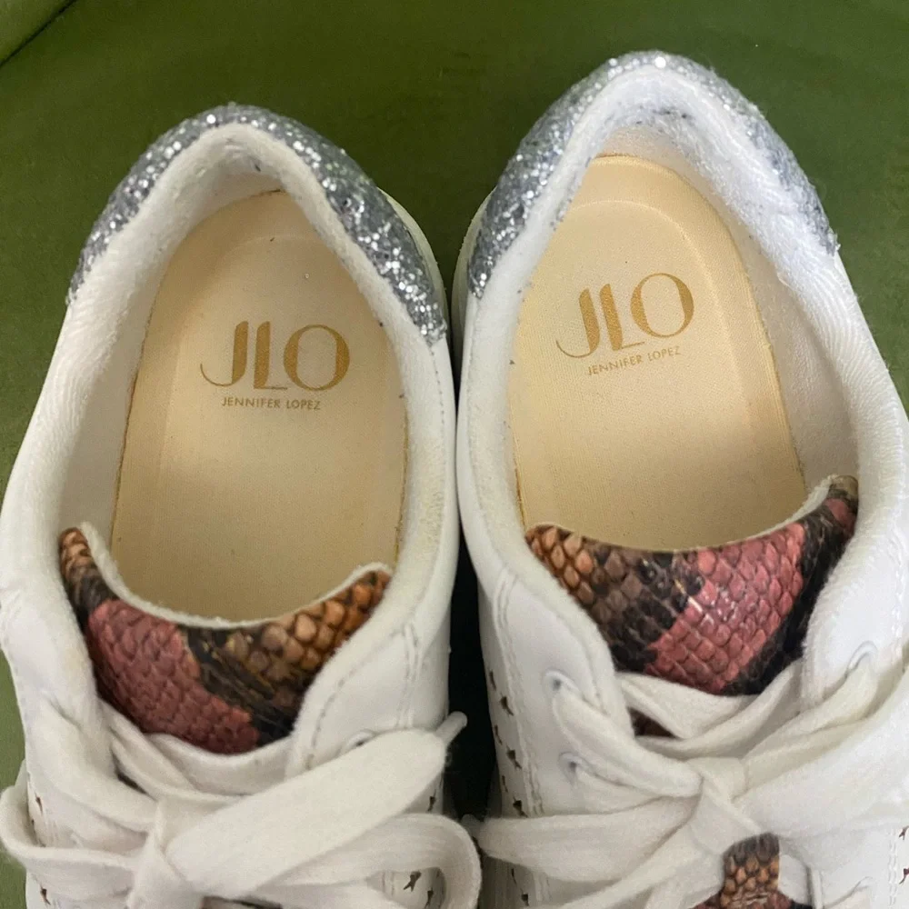 JLO JENNIFER LOPEZ Platform Sneakers White Silver & Brown Snake Print Size 8